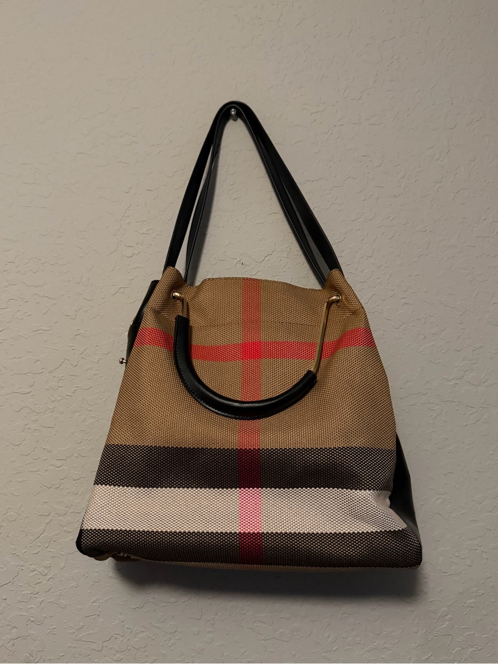Classic Plaid Tote Bag in Tan with Black Handles